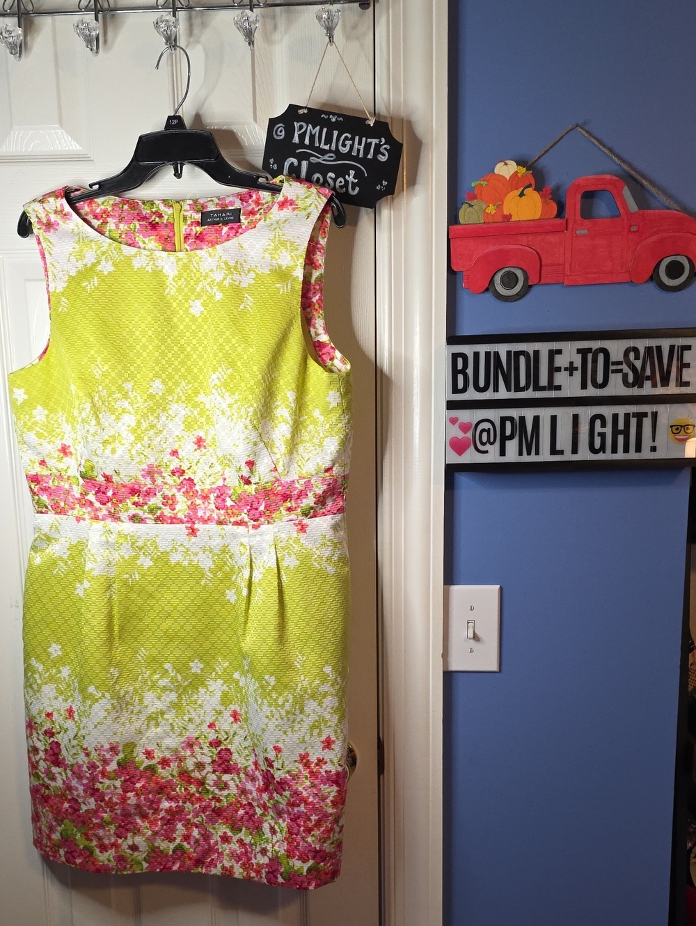 Tahari Arthur S Levine Sleeveless Floral Sheath Dress Lime Green Pink 8/10